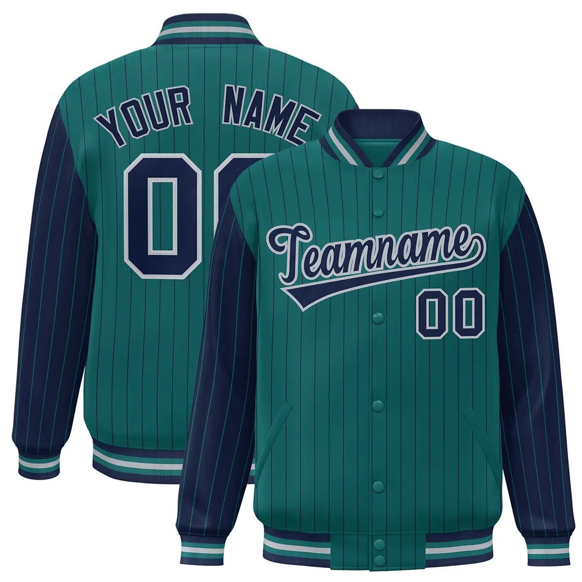 Aqua Navy Pinstripe Raglan Varsity Letterman Baseball Jacket