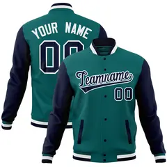 Aqua Navy Raglan Full-Snap Varsity Letterman Baseball Jacket 1