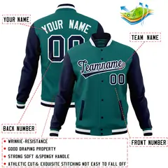 Aqua Navy Raglan Full-Snap Varsity Letterman Baseball Jacket 4