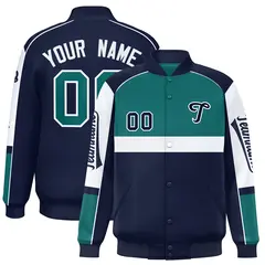 Aqua Navy Raglan Sleeves Full-Snap Varsity Letterman Jacket
