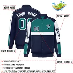 Aqua Navy Raglan Sleeves Full-Snap Varsity Letterman Jacket 2