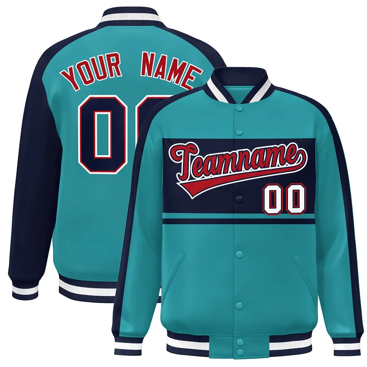 Aqua Navy-Red Color Block Bomber Varsity Baseball Jacket