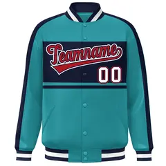 Aqua Navy-Red Color Block Bomber Varsity Baseball Jacket 3