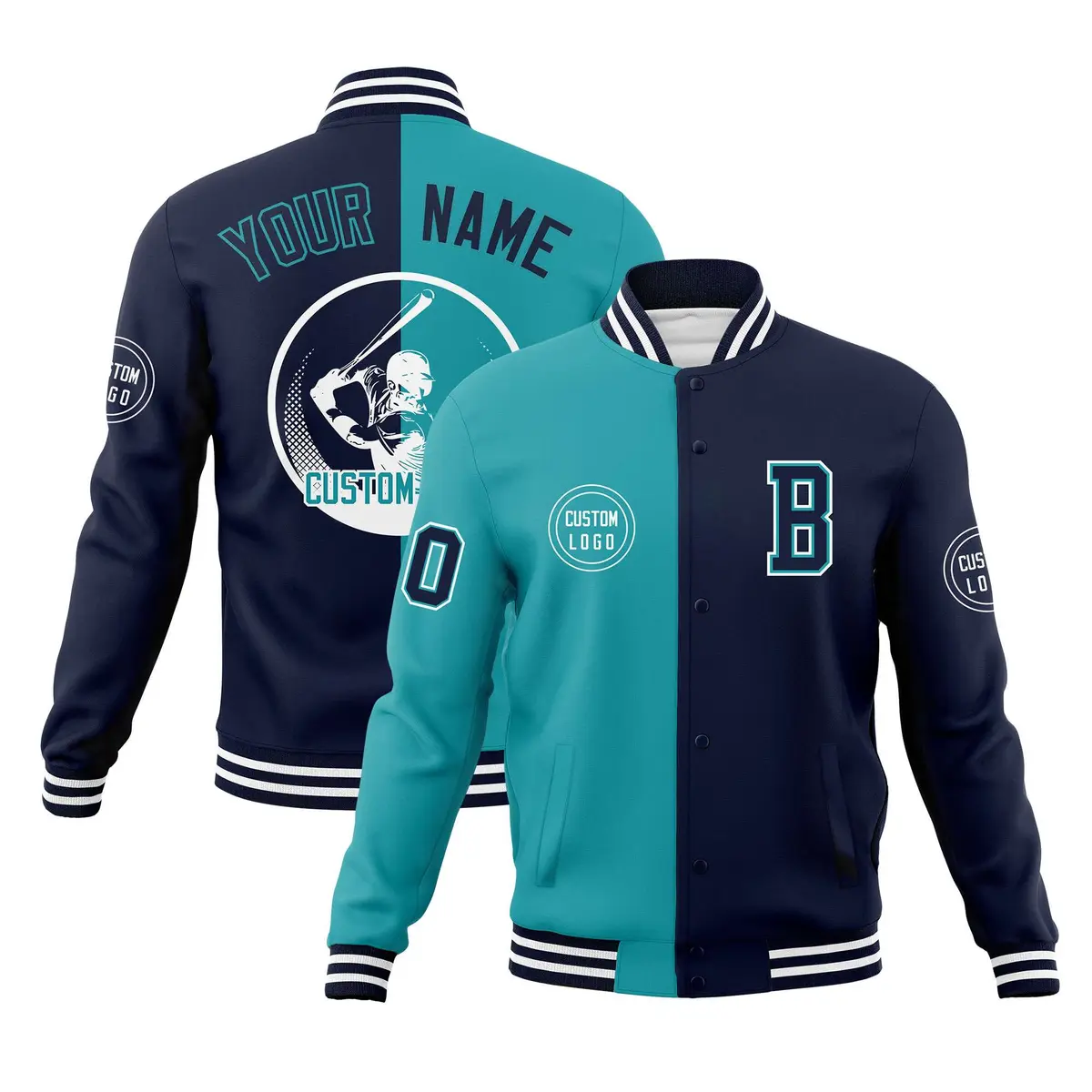 Aqua Navy Split Letterman Full-Snap Varsity Baseball Jacket