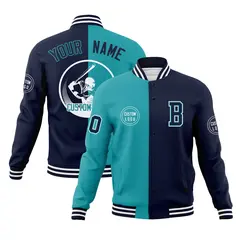 Aqua Navy Split Letterman Full-Snap Varsity Baseball Jacket