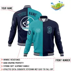 Aqua Navy Split Letterman Full-Snap Varsity Baseball Jacket 4
