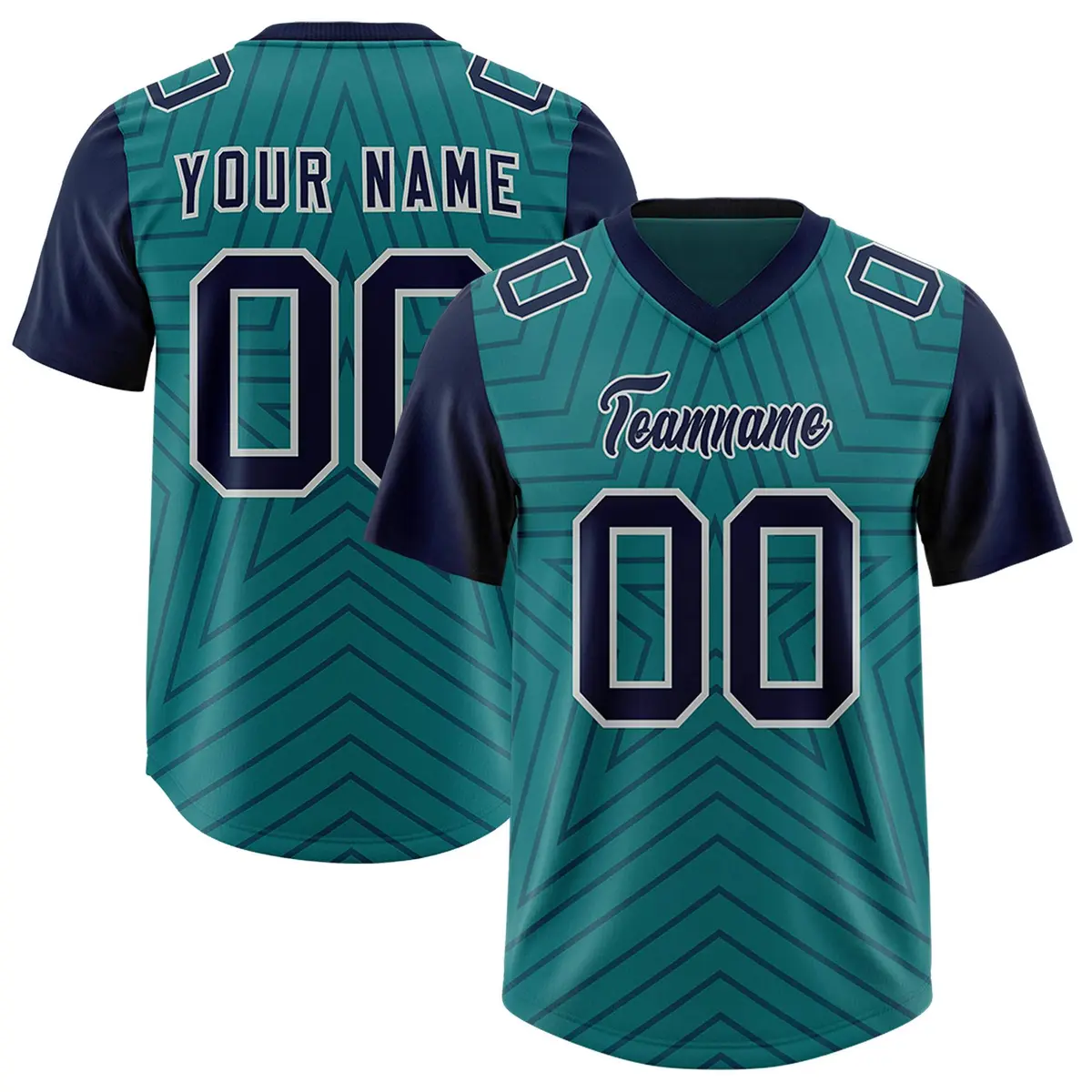 Aqua Navy Star Pattern Raglan Sleeves Football Jersey