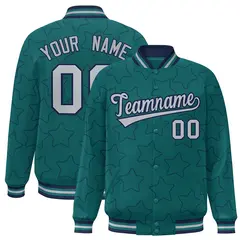 Aqua Navy Star Pattern Varsity Full-Snap Letterman Baseball Jacket