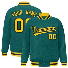 Aqua Navy Star Pattern Varsity Full-Snap Letterman Baseball Jacket