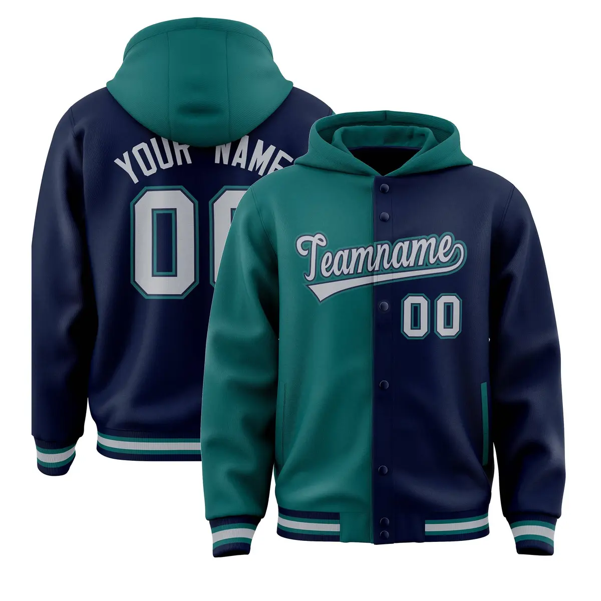 Aqua Navy Two Tone Split Full-Snap Varsity Letterman Hoodie Jacket