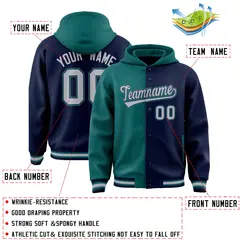 Aqua Navy Two Tone Split Full-Snap Varsity Letterman Hoodie Jacket 4