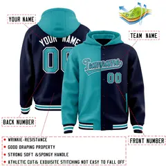 Aqua Navy Two Tone Split Full-Snap Varsity Letterman Hoodie Jacket 4