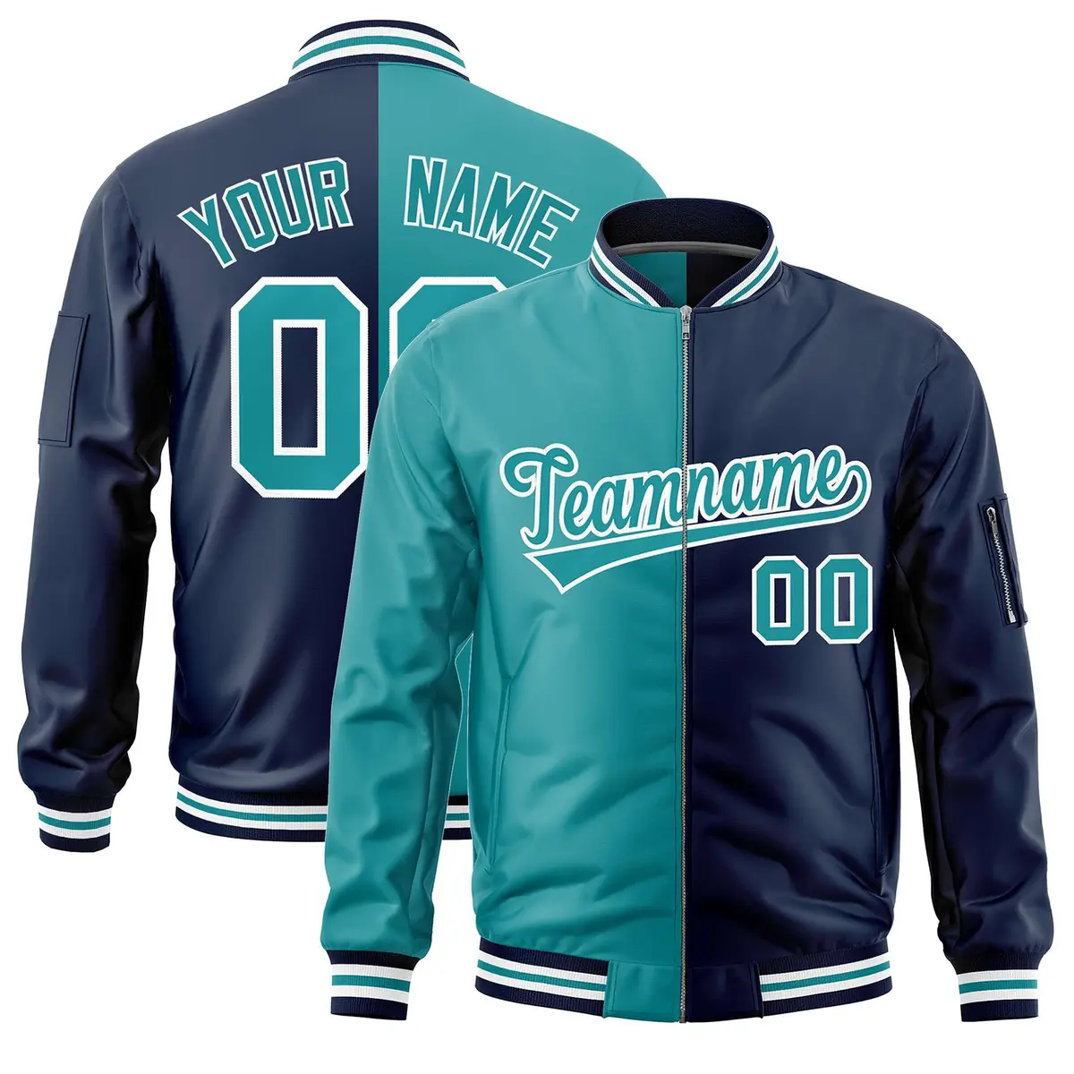 Aqua Navy Two Tone Split Varsity Letterman Bomber Jacket