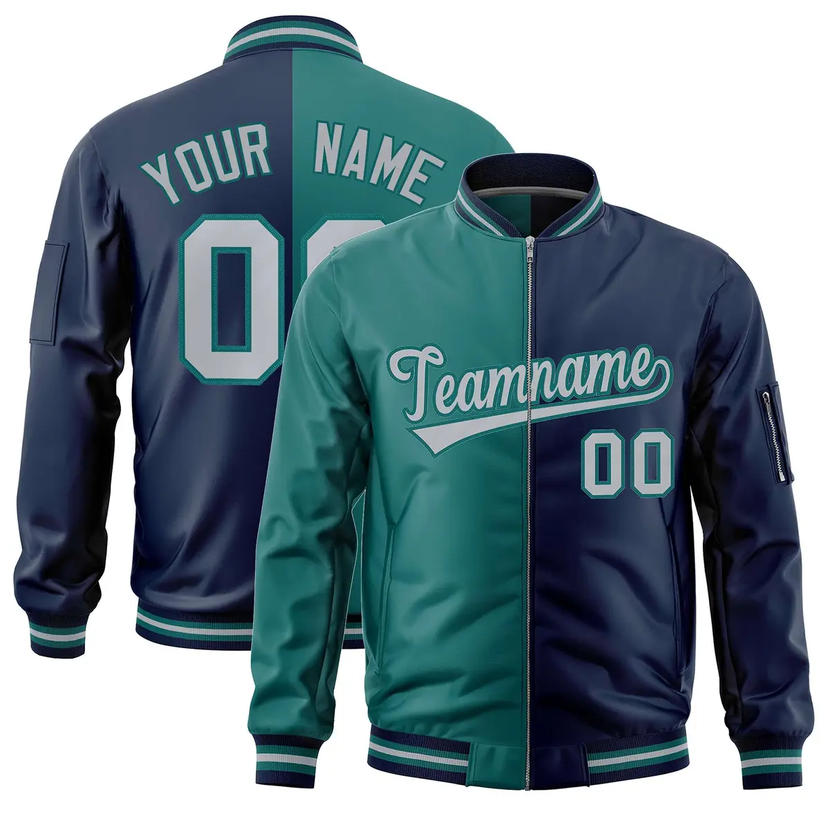 Aqua Navy Two Tone Split Varsity Letterman Bomber Jacket