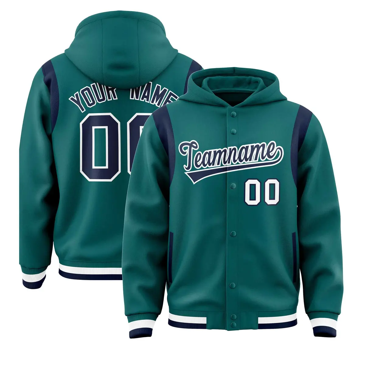 Aqua Navy Varsity Letterman Shoulder Color Block Jacket Hoodie