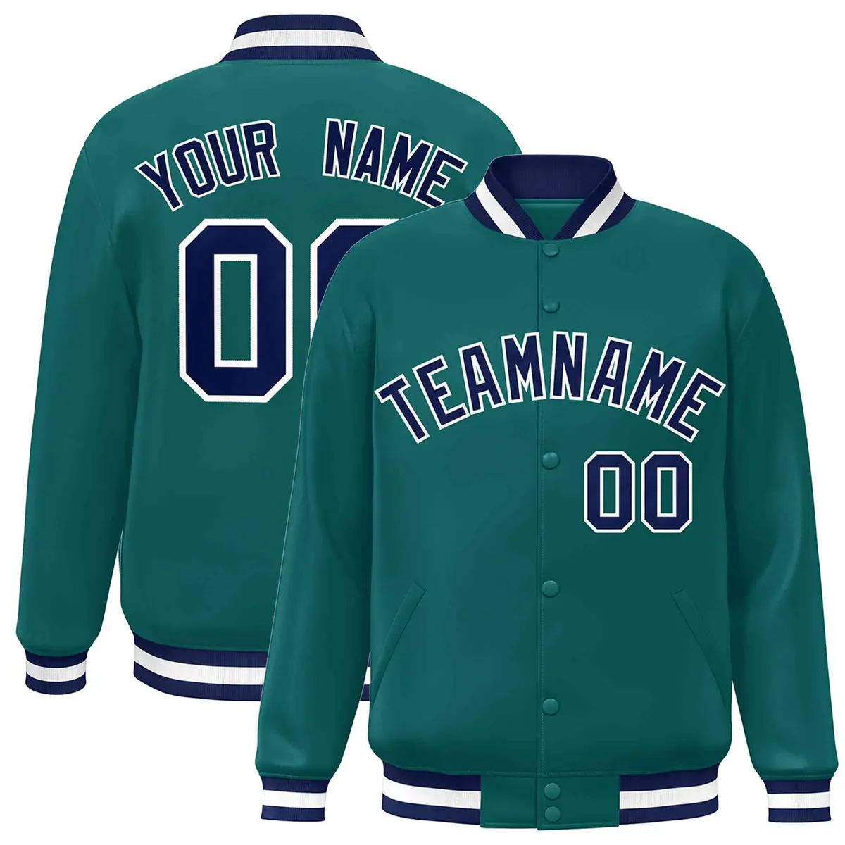 Aqua Navy-White Full-Snap Varsity Letterman Jacket