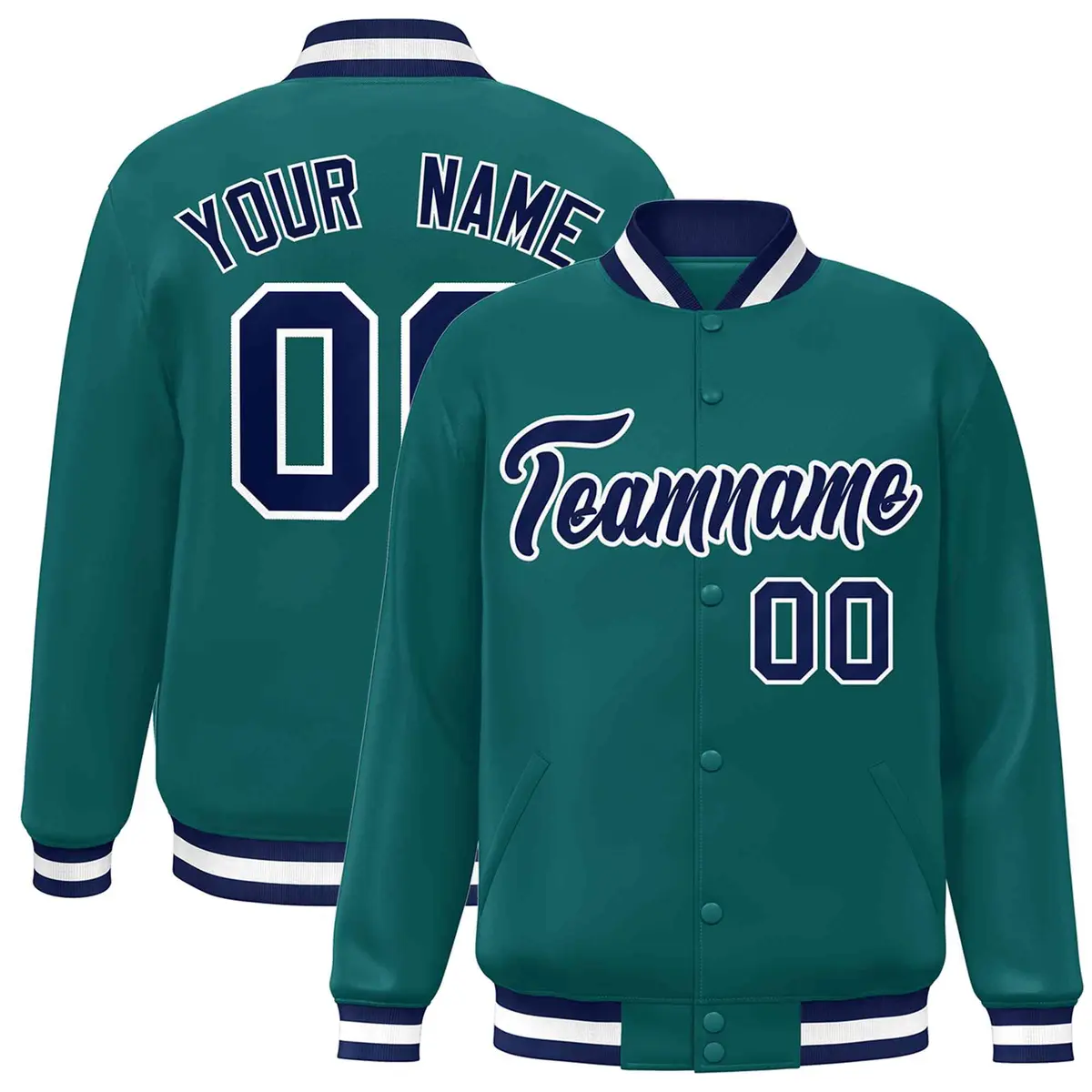 Aqua Navy-White Full-Snap Varsity Letterman Jacket