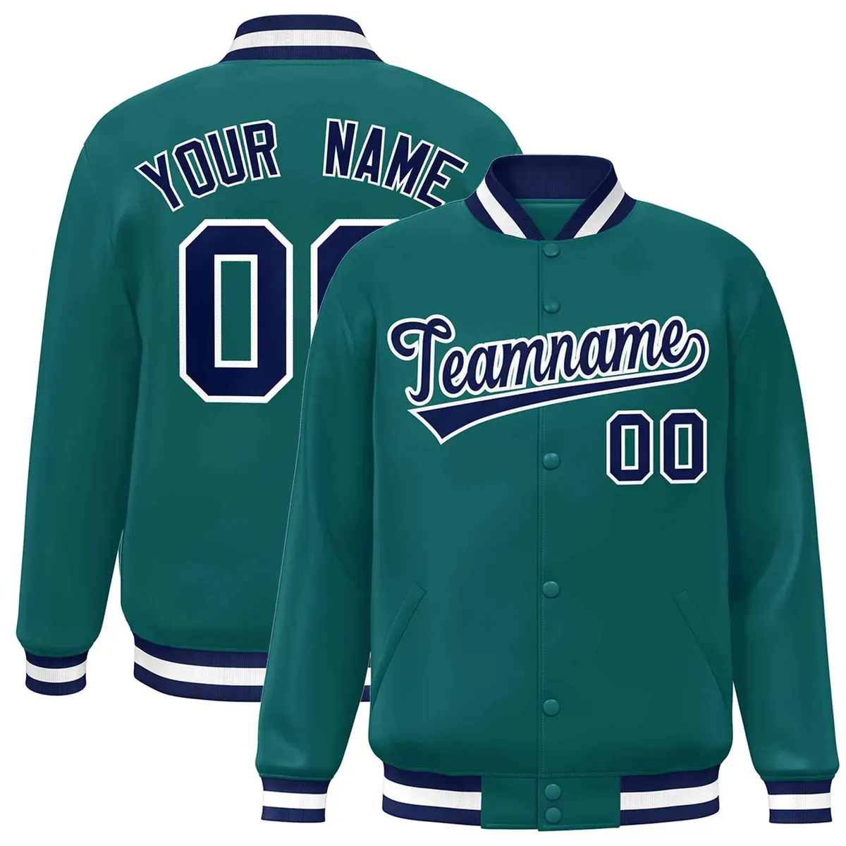 Aqua Navy-White Full-Snap Varsity Letterman Jacket
