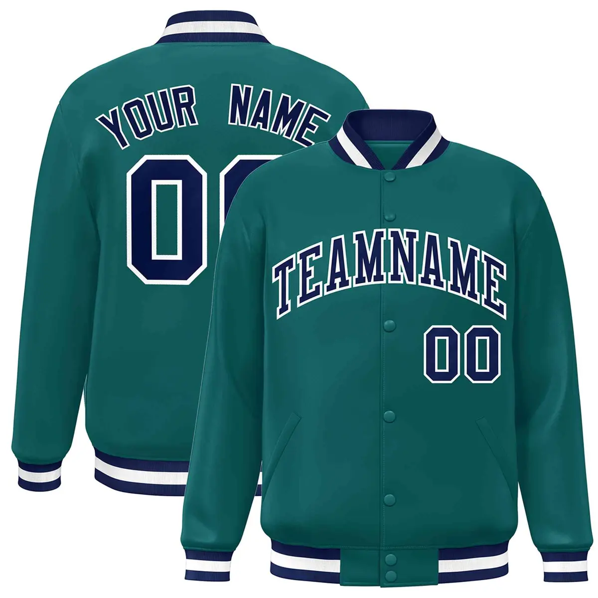 Aqua Navy-White Full-Snap Varsity Letterman Jacket