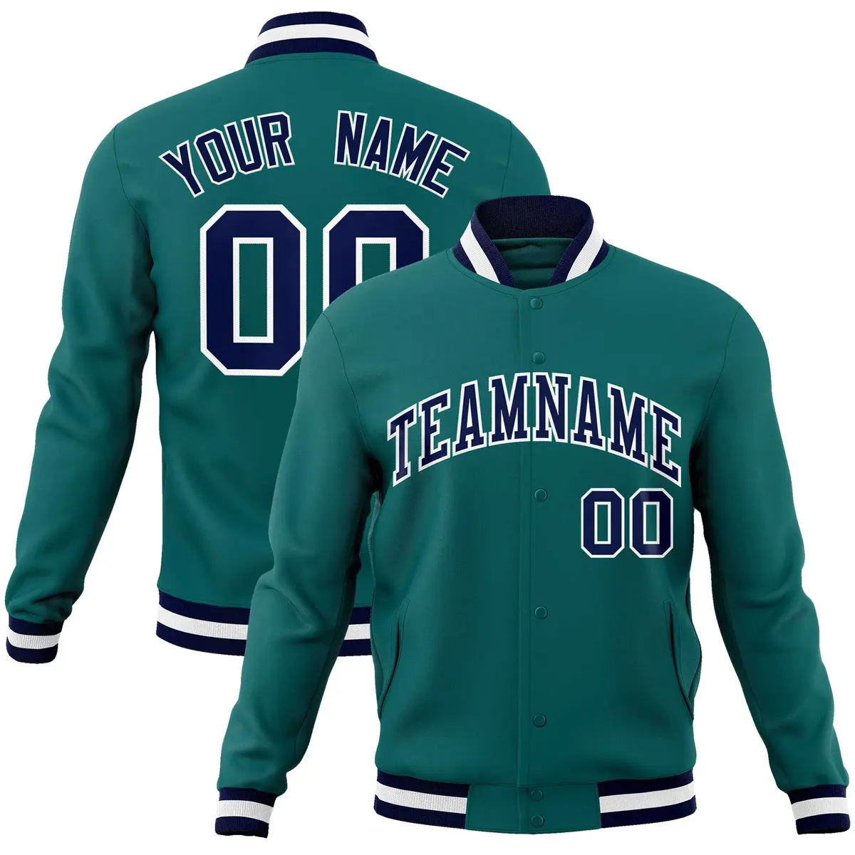 Aqua Navy-White Full-Snap Varsity Letterman Jacket