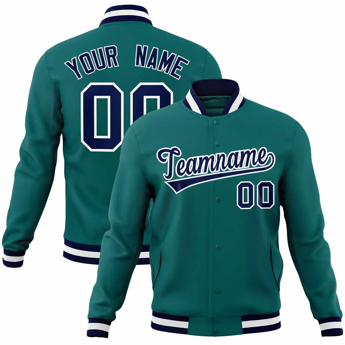 Aqua Navy-White Full-Snap Varsity Letterman Jacket