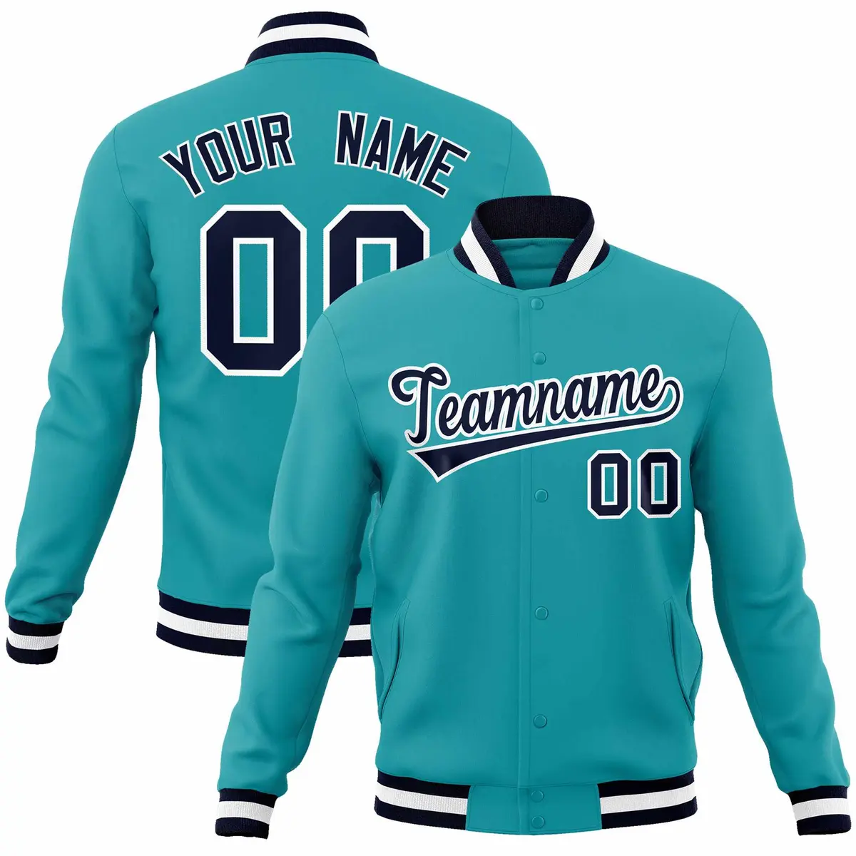 Aqua Navy-White Full-Snap Varsity Letterman Jacket