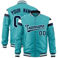 Aqua Navy-White Full-Zip Shoulder Color Block Letterman Bomber Jacket