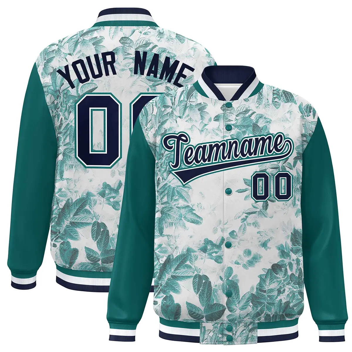 Aqua Navy-White Maple Leaf Graffiti Raglan Bomber Varsity Jacket