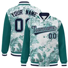Aqua Navy-White Maple Leaf Graffiti Raglan Bomber Varsity Jacket
