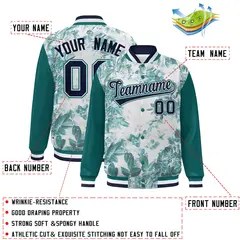 Aqua Navy-White Maple Leaf Graffiti Raglan Bomber Varsity Jacket 2