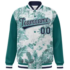 Aqua Navy-White Maple Leaf Graffiti Raglan Bomber Varsity Jacket 3
