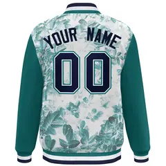 Aqua Navy-White Maple Leaf Graffiti Raglan Bomber Varsity Jacket 4