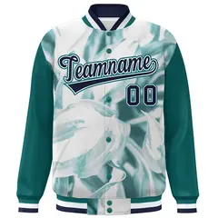 Aqua Navy-White Maple Leaf Graffiti Raglan Bomber Varsity Jacket 3
