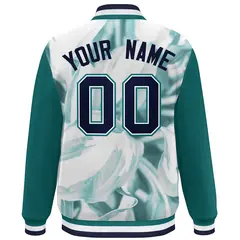 Aqua Navy-White Maple Leaf Graffiti Raglan Bomber Varsity Jacket 4