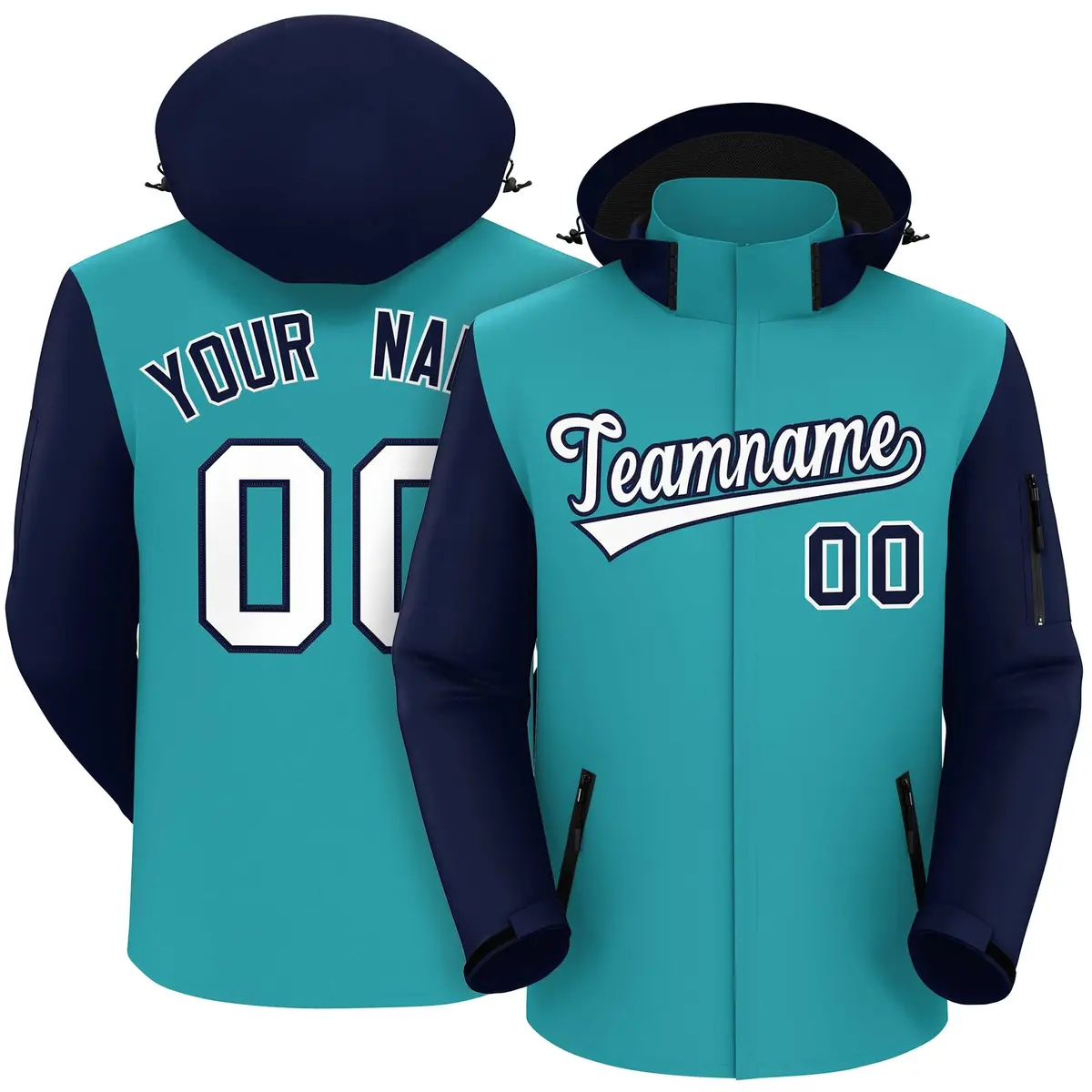 Aqua Navy-White Raglan Sleeves Waterproof Jacket