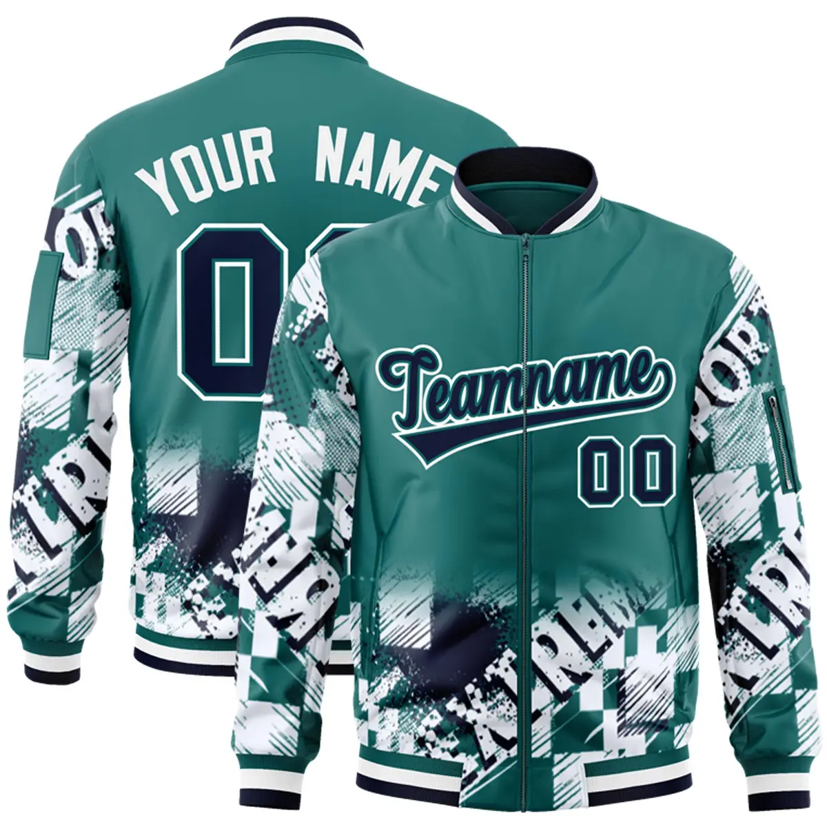 Aqua Navy-White Street Graffiti Varsity Letterman Jacket