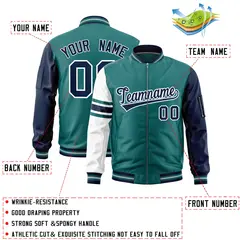 Aqua Navy-White Stripe Raglan Varsity Full-Zip Letterman Bomber Jacket 2