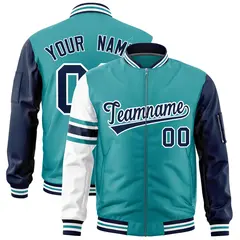 Aqua Navy-White Stripe Raglan Varsity Full-Zip Letterman Bomber Jacket 1