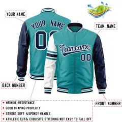 Aqua Navy-White Stripe Raglan Varsity Full-Zip Letterman Bomber Jacket 2