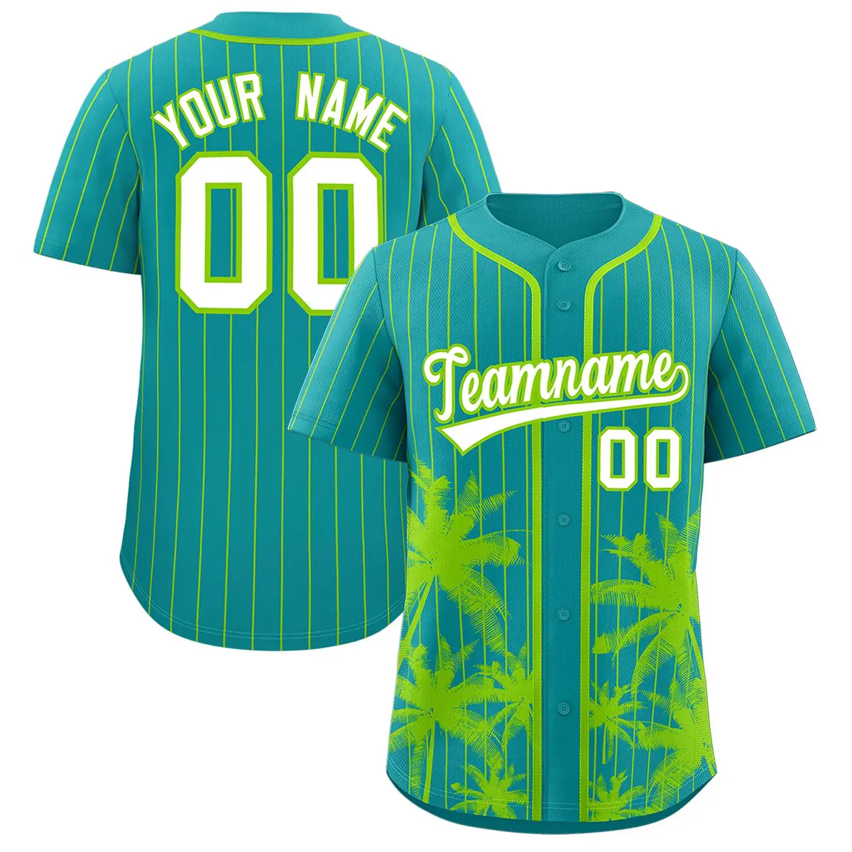 Aqua Neon Green Pinstripe Coconut Tree Baseball Jersey