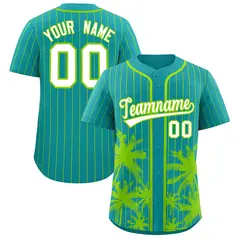 Aqua Neon Green Pinstripe Coconut Tree Baseball Jersey 1