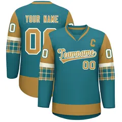 Aqua Old Gold-Cream Raglan Sleeves V-Neck Hockey Jersey