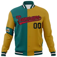 Aqua Old Gold-Red Two Tone Split Letterman Varsity Jacket 5