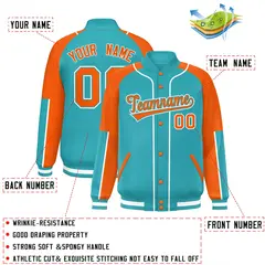 Aqua Orange-Aqua Raglan Full-Snap Letterman Baseball Jacket 2