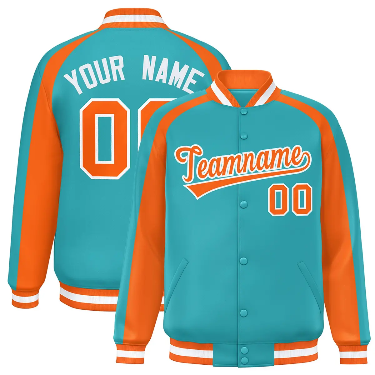 Aqua Orange Color Block Raglan Full-Snap Varsity Letterman Jacket