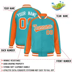 Aqua Orange Color Block Raglan Full-Snap Varsity Letterman Jacket 2