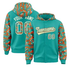 Aqua Orange-Cream Raglan Camo Full-Snap Varsity Letterman Jacket Hoodie