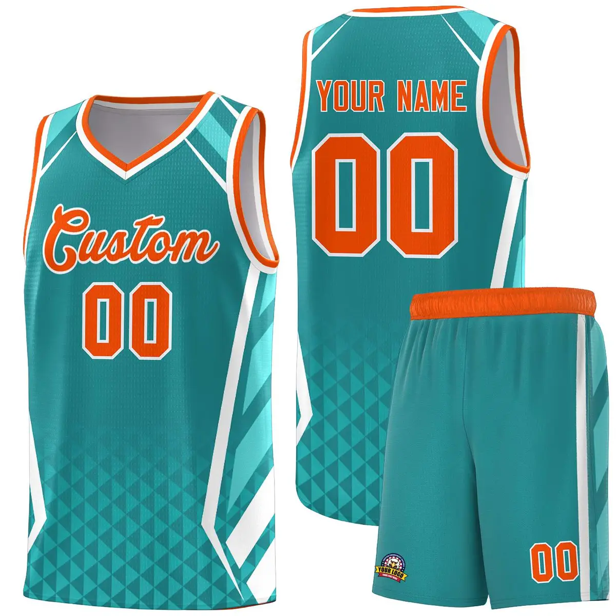 Aqua Orange Diamond Pattern Side Slash Basketball Jersey