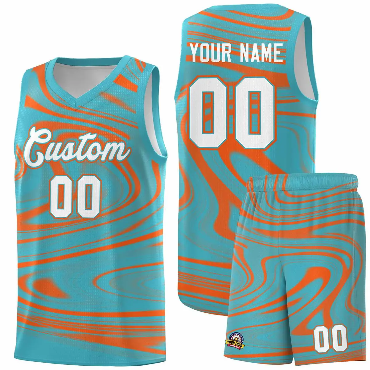 Aqua Orange Graffiti Fluids Style Basketball Jersey Sets