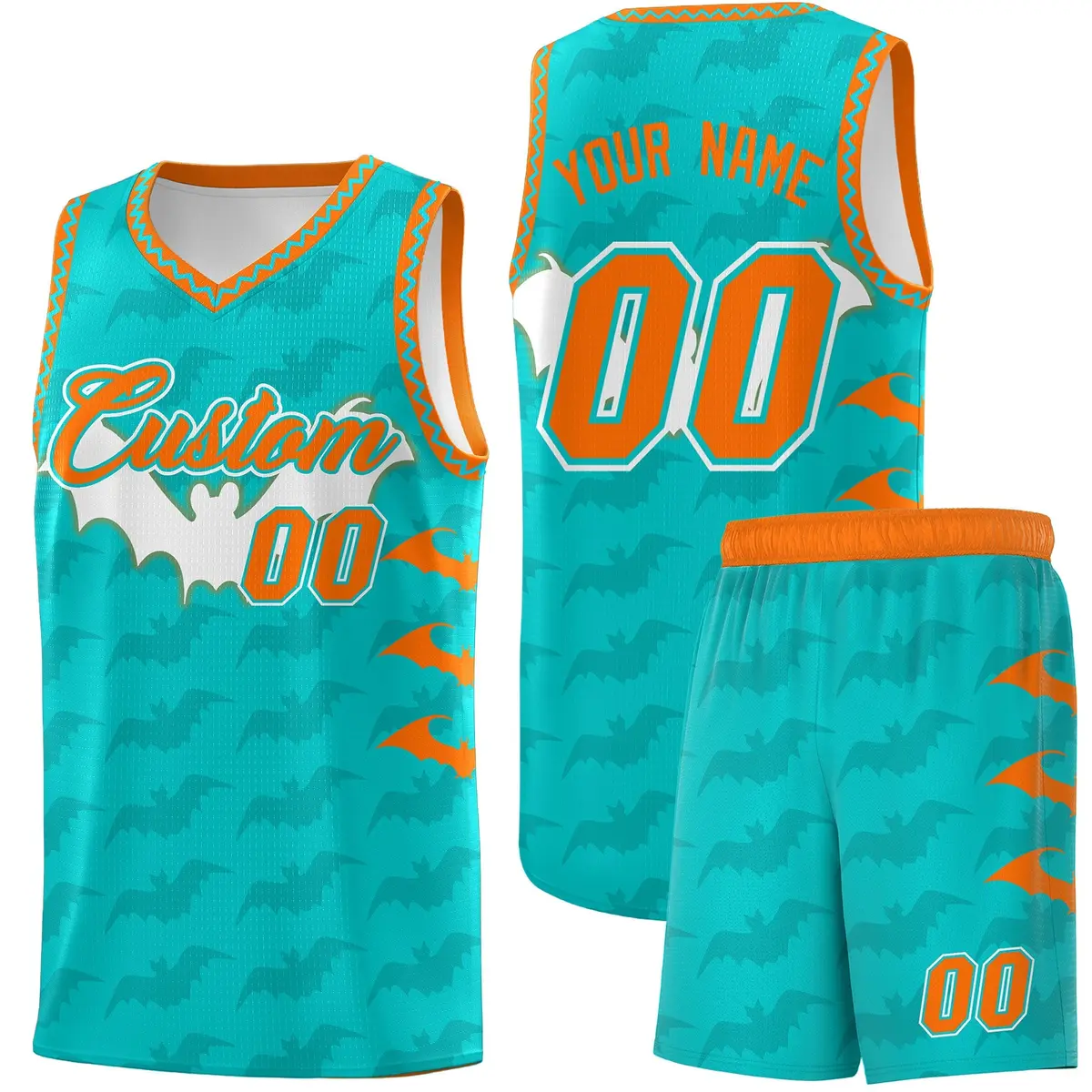 Aqua Orange Halloween Bat Pattern Basketball Jersey